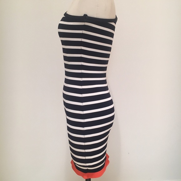BCBGMaxAzria 1 Shoulder Navy & White Bandage Dress - Picture 4 of 8